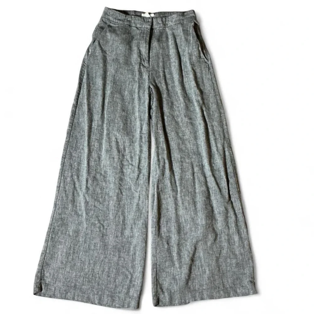 H&M Linen Blend Old Money Wide Leg High Waisted‎ Grey Melange Trousers Pants 4